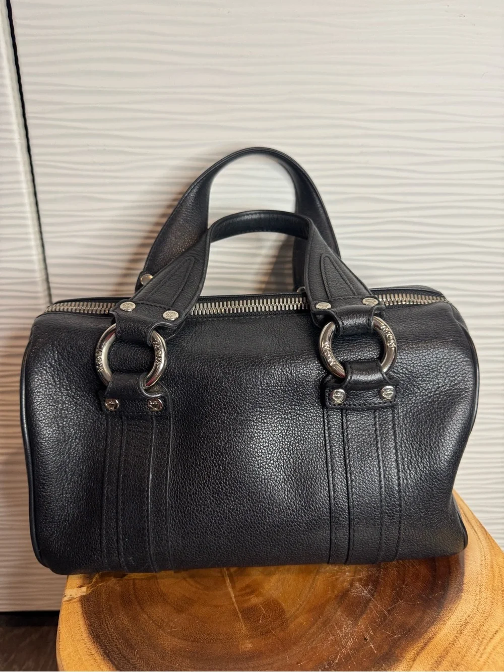 MCM Black Pebbled Leather Double-Handle Satchel with Silver Hardware
